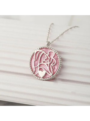 Else Silver 925 Ayar Gümüş Pembe Sedef Taşlı Bir Kalpte Iki Can Kolyesi - Rodyum Kaplama