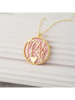 Else Silver 925 Ayar Gümüş Pembe Sedef Taşlı Bir Kalpte Iki Can Kolyesi - Altın Kaplama