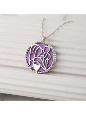 Else Silver 925 Ayar Gümüş Mor Sedef Taşlı Bir Kalpte Iki Can Kolyesi - Rodyum Kaplama