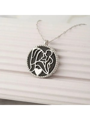 Else Silver 925 Ayar Gümüş Siyah Sedef Taşlı Bir Kalpte Iki Can Kolyesi - Rodyum Kaplama