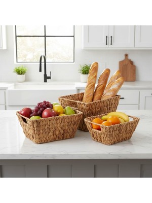 TeknoKapsül 3'lü Doğal Hasır Sepet Seti – Çok Amaçlı Banyo ve Mutfak Düzenleyici, Tutma Saplı Dekoratif Dikdörtgen Saklama Kutusu (Küçük-Orta-Büyük Boy) Dikdörtgen