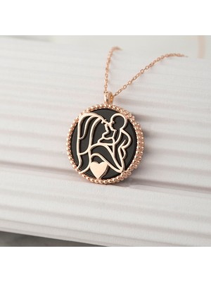 Else Silver 925 Ayar Gümüş Siyah Sedef Taşlı Bir Kalpte Iki Can Kolyesi - Rose Kaplama