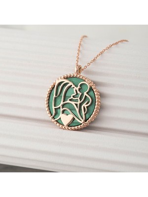 Else Silver 925 Ayar Gümüş Yeşil Sedef Taşlı Bir Kalpte Iki Can Kolyesi - Rose Kaplama