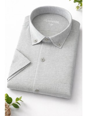 Varetta  Erkek Gri Kısa Kollu Gömlek Geniş Kesim Cepli Yaka Düğmeli Pamuk Yazlık