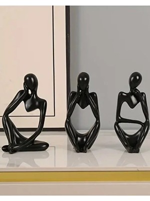Tedisanat 3'lü Siyah Soyut Düşünen Adam Heykel Biblo Seti - Modern Dekoratif Ev Ofis Aksesuarı