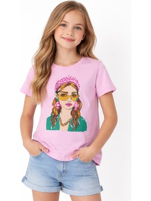 İrem Çocuk Giyim Kız Çocuk Önü Kız Desenli Taşlı Pembe Renk Kısa Kollu Tişört