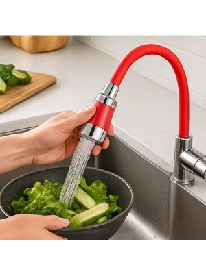 TeknoKapsül Kırmızı Esnek Musluk Başlığı – 360° Döner, 2 Kademeli Su Akış Ayarlı, Her Musluğa Uyumlu, Su Tasarruflu Mutfak Aparatı