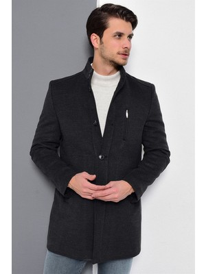 Dewberry PLT8386 Erkek Palto Düz Desenli Antrasit Renk Uzun Kol Yün Polyester Malzeme XL Beden