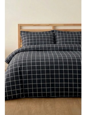 Laliva Siyah Kareli Çift Kişilik Çarşafı Lastikli-Pamuk Nevresim Takımı-