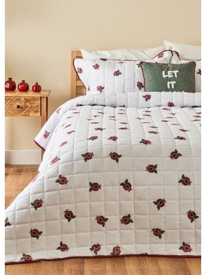 Jolly Kapitoneli Çok Amaçlı Çift Kişilik Yatak Örtüsü Seti Kırmızı-Beyaz (240x220)