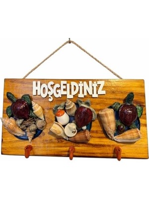 TeknoKapsül Deniz Kabuklu ve Kaplumbağa Figürlü Ahşap Duvar Anahtarlığı – Hoşgeldiniz Yazılı Dekoratif Askılık, Giriş Holü Kapı Süsü Ev Dekoru.