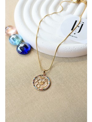 First Jewelry Renkli Zirkon Taşlı Kalp Detaylı Çelik Gold Kolye