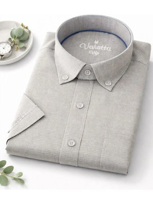 Varetta  Erkek Gri Kısa Kollu Gömlek Geniş Kesim Cepli Yaka Düğmeli Pamuk Yazlık