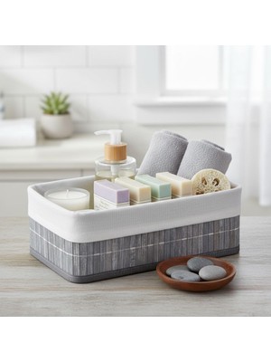 TeknoKapsül Bambu Detaylı Çok Amaçlı Saklama Kutusu – 25X15X8 cm Dekoratif Kumaş Organizer | Mutfak, Banyo, Dolap Içi ve Raf Düzenleyici | Çekmece Içi Derin Organizer Kutu Gri