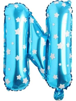 TeknoKapsül N Harfi 16 Inç Mavi Yıldızlı Renk Folyo Balon 36 cm (Mavi)