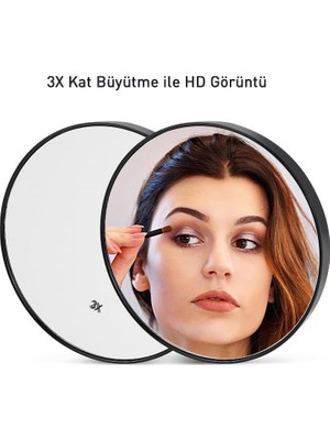 TeknoKapsül 3x Büyüteçli Ayna, Vantuzlu Makyaj ve Traş Aynası, Net Görüntülü Taşınabilir Hd Cep Aynası 14 Cm. Çap, Siyah Çerçeve