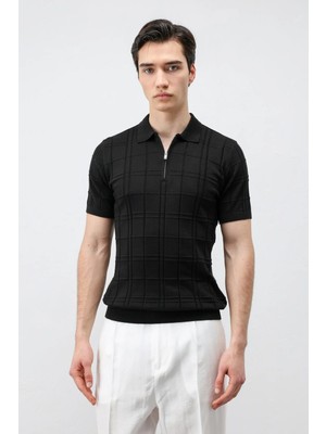 Antioch Siyah Kareli Desenli Erkek Triko T-Shirt