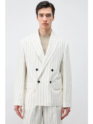 Antioch Ekru Keten Karışımlı Çizgili Erkek Blazer Ceket