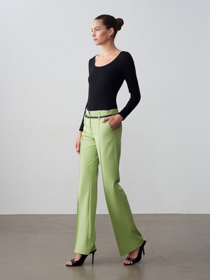 Dilvin 72677 Kemerli Düz Kesim Pantolon-F.yeşil