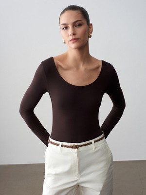 Dilvin 32776 Oval Yaka Bodysuit-Koyu Kahve