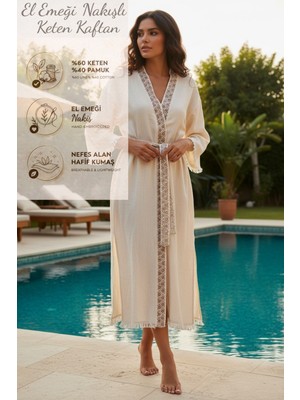 Ces Store El Emeği Nakışlı Keten Kaftan, %60 Keten %40 Pamuk, Nefes Alan Kumaş
