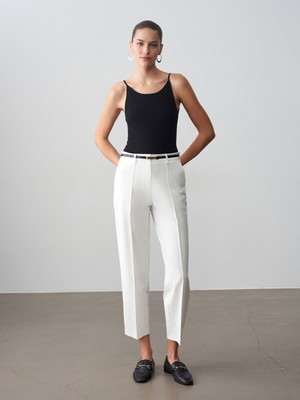 Dilvin 72674 Kemerli Düz Paça Pantolon-Beyaz