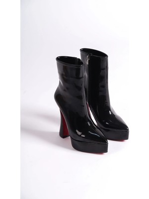 Ayakkabı Ateşi Siyah Rugan Platform Tasarım Kadın Çizme Orta Topuklu Ayakkabı Space