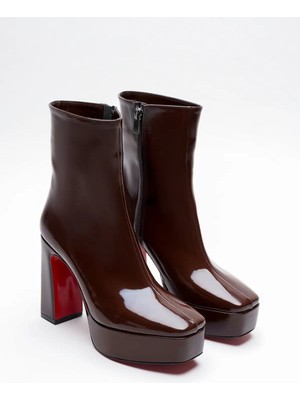 Ayakkabı Ateşi Kahve Rugan Platform Tasarım Kadın Çizme Orta Topuklu Ayakkabı Vito