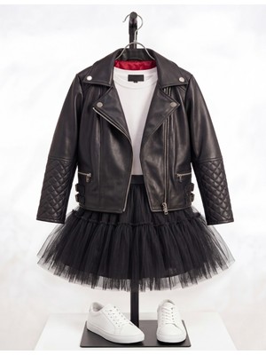 Asus Deri - Diamond - Hakiki Kuzu Derisi Siyah Biker Model Kız Çocuk Ceket