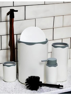 TeknoKapsül Mta High-Tech Akrilik 5 Parça Modern Banyo Seti, Beyaz-Mat Gümüş, Çöp Kovası/tuvalet Fırçası/tuvalet Fırça Kabı/sıvı Sabunluk/diş Fırçalık