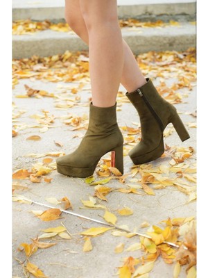 Ayakkabı Ateşi Haki Süet Platform Tasarım Kadın Çizme Orta Topuklu Ayakkabı Vitos