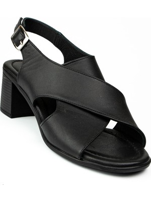 Babalı 1505 Siyah Deri Topuklu Kadın Sandalet