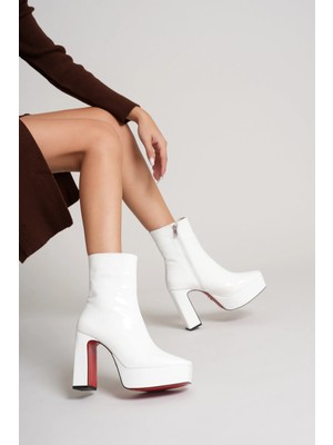 Ayakkabı Ateşi Beyaz Rugan Platform Tasarım Kadın Çizme Orta Topuklu Ayakkabı Vito
