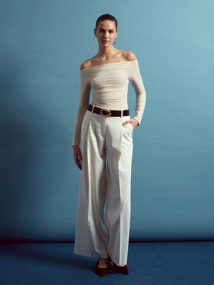 Dilvin 72657 Pileli Geniş Paça Pantolon-Ekru