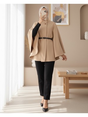 Modamorfo Tek Düğme Kemerli Panço -Vizon