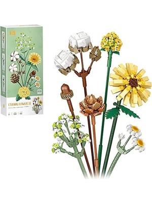 TeknoKapsül Mini Bloklar Çiçek Buketi Yapı Setleri, Yapay Çiçekler, Yapı Taşları, Dekorasyon, Ev, 646 Adet, Yetişkinler Için Botanik Koleksiyonu (Pamuk/çam Kozalakları/gerbera/craspedia)