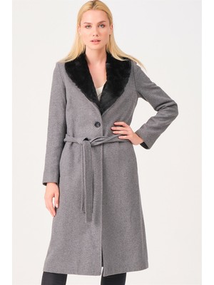 Dewberry Z6671 Kadın Palto Gri Orta Kalınlık Dokuma Malzeme ile Şık Tasarım L Beden