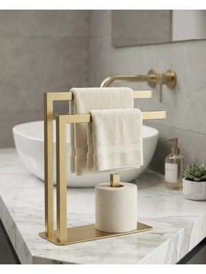Dersel Dekor Kare Modern Havlu Tutacağı Raf Metal Havlu Askısı Mutfak Banyo Raflı Havluluk Takı Askısı Standı Gold