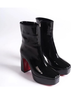 Ayakkabı Ateşi Siyah Rugan Platform Tasarım Kadın Çizme Orta Topuklu Ayakkabı Vito