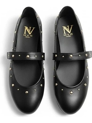 Ne&Ve Shoes Siyah Deri Pim Detaylı Yuvarlak Burunlu Bantlı Kadın Günlük Babet