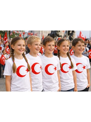 Parti Kırtasiye Ünisex Kısa Kol Beyaz Çocuk Bayrak Ay Yıldızlı 23 Nisan 29 Ekim 10 Kasım Gösteri Özel Tişört