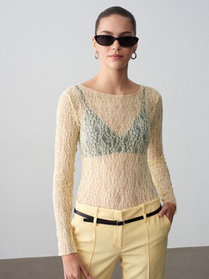 Dilvin 32764 Kayık Yaka Dantel Top-Açık Sarı