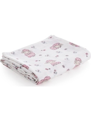 Caline Baby Pembe Kuzu Desenli Müslin Bezi Örtü %100 Pamuk 120x120 cm + 4 Ağız Mendili
