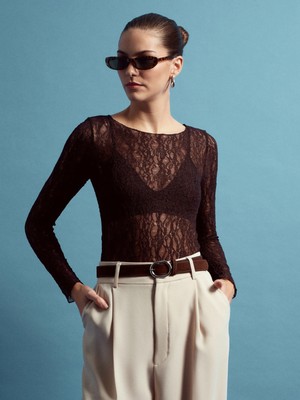 Dilvin 32764 Kayık Yaka Dantel Top-Koyu Kahve