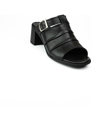 Babalı 1509 Siyah Deri Topuklu Kadın Terlik