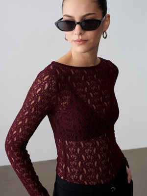 Dilvin 32763 Kayık Yaka Dantel Top-Bordo