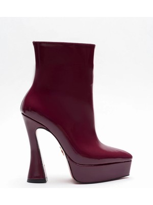 Ayakkabı Ateşi Bordo Rugan Platform Tasarım Kadın Çizme Orta Topuklu Ayakkabı Space