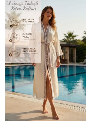 Ces Store El Emeği Nakışlı Keten Kaftan, %60 Keten %40 Pamuk, Nefes Alan Kumaş