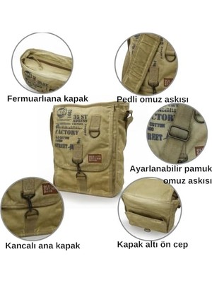 TeknoKapsül Old Cargo 8184 Salaş Kanvas Omuz Postacı Laptop Okul Seyahat Günlük Pamuklu Çanta (Açık Camel)