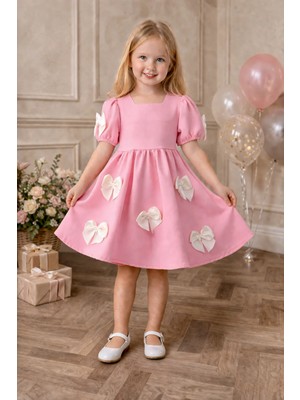 Zepkids Bisiklet Yaka Incili Fiyonklu Kısa Kol Pudra Pembe Renk Kız Çocuk Elbise